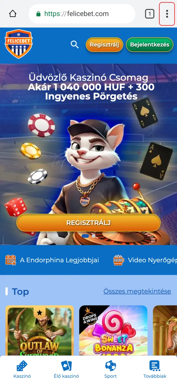 Tocca i tre puntini in alto e apri Felicebet.