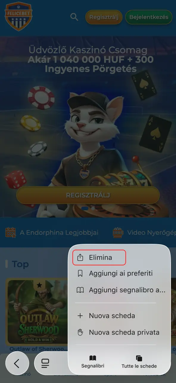 Apri il menu condividi e salva Felicebet su Safari.